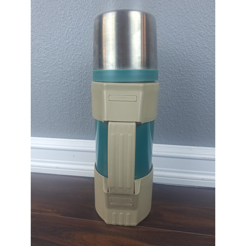 Vintage Rugged Thermos Vacuum Bottle Large Turquoise Tan Plastic Stainless #650